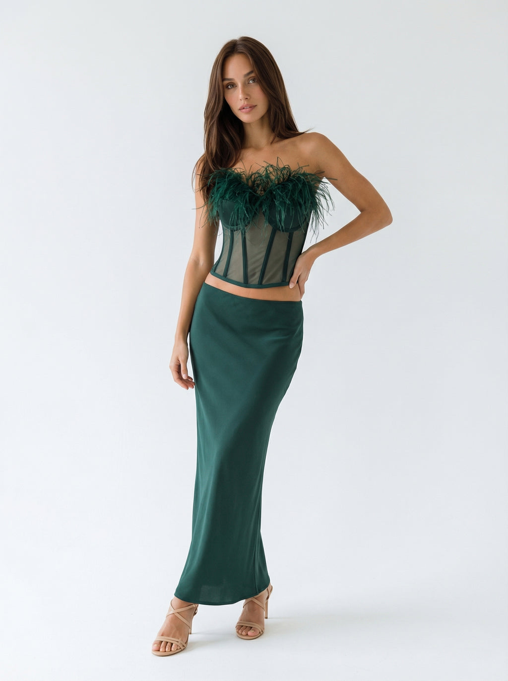 Two-Piece Set- Feather Corset Top And Maxi Skirt