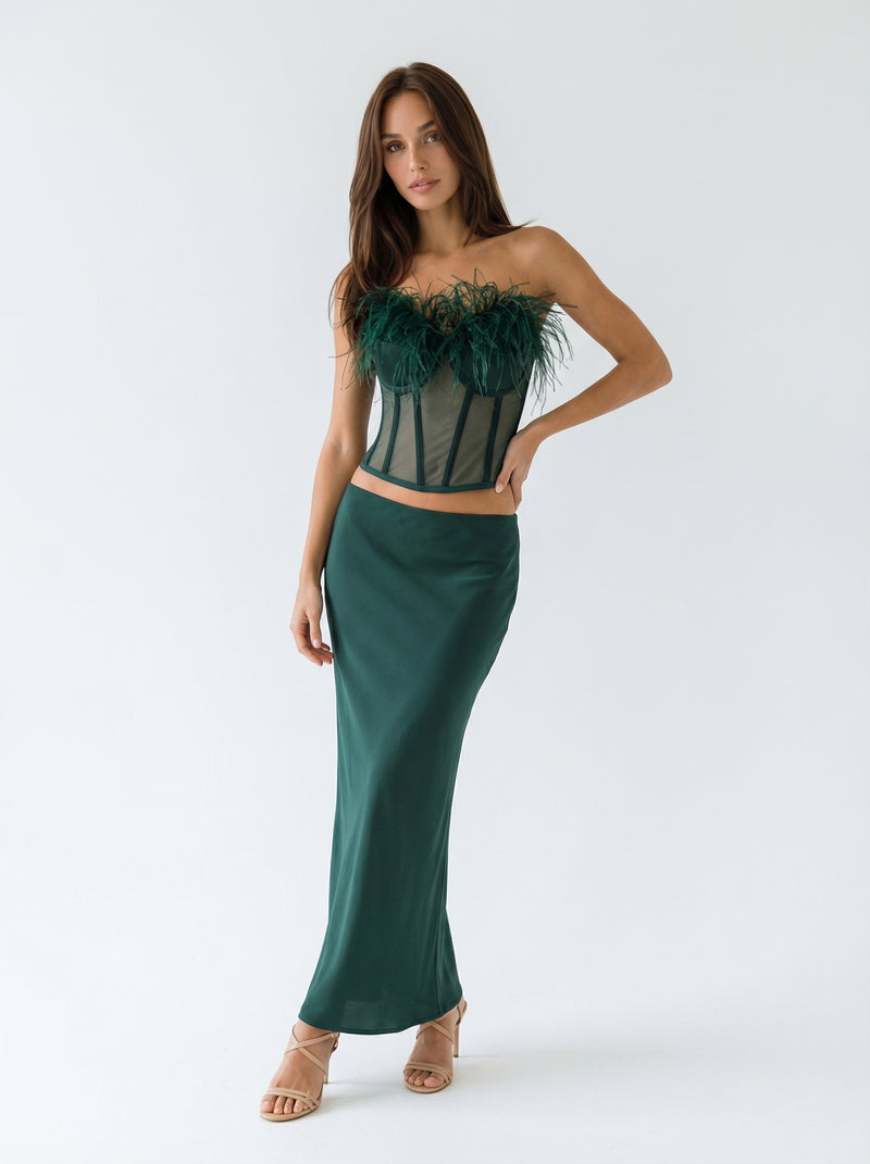 Two-Piece Set- Feather Corset Top And Maxi Skirt